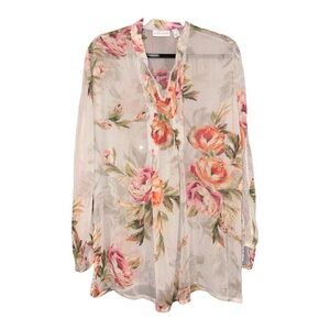 Susan Graver sheer blouse w/gorgeous floral pattern pleated front. Size L AR 10